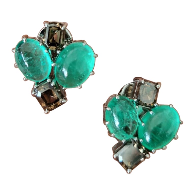 8.27 Carats, Natural Columbian Emeralds & Brown Diamonds Stud Earrings For Sale