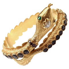 1960s Giulio Nardi Venetian Garnet Emerald Diamond Gold Snake Bangle Bracelet