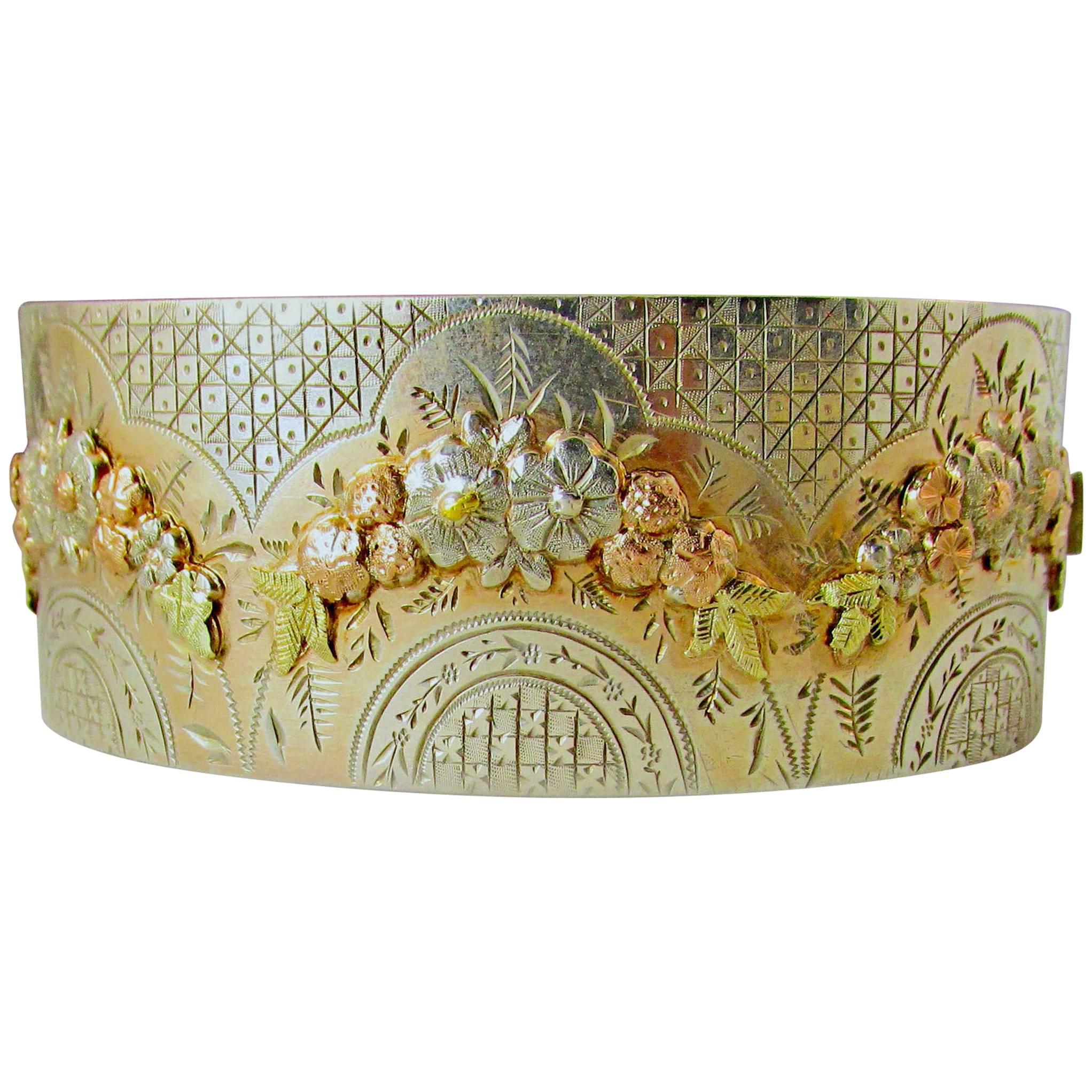 Antique Silver Two Color Gold Floral Motif Bangle Bracelet For Sale
