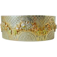 Antique Silver Two Color Gold Floral Motif Bangle Bracelet