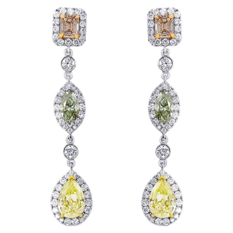 Pink Yellow and Green Diamond Three Color Gold Drop Earrings For Sale