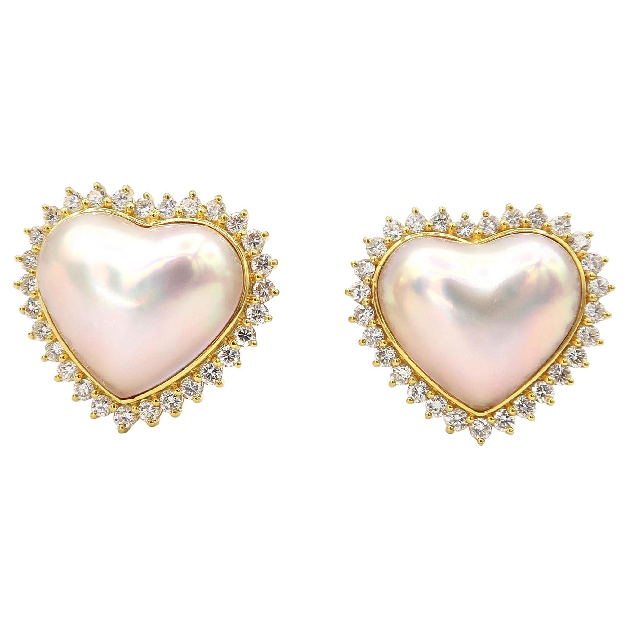 Rose Overtone Heart Shaped Pearl Halo Diamond Clip-on 18K Gold Earrings