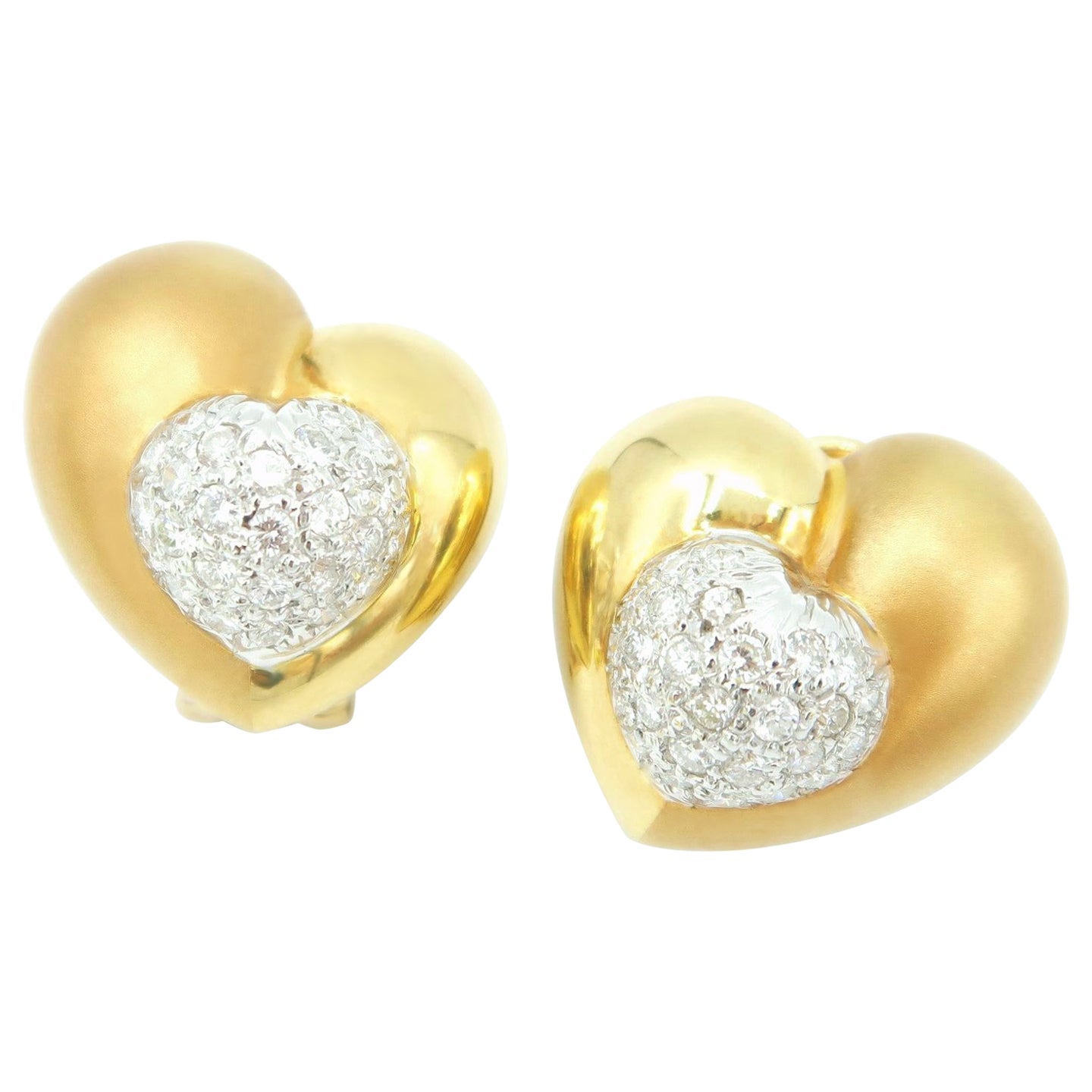 Heart Shaped Pavé Diamond Multitextured 18K Yellow Gold Clip-On Pierced Earrings