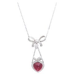 Cabochon 13.02 Carat Rubellite Diamond Heart and Ribbon White Gold Pendant Chain