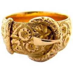 Antique English Edwardian Engraved Gold  Buckle Ring 
