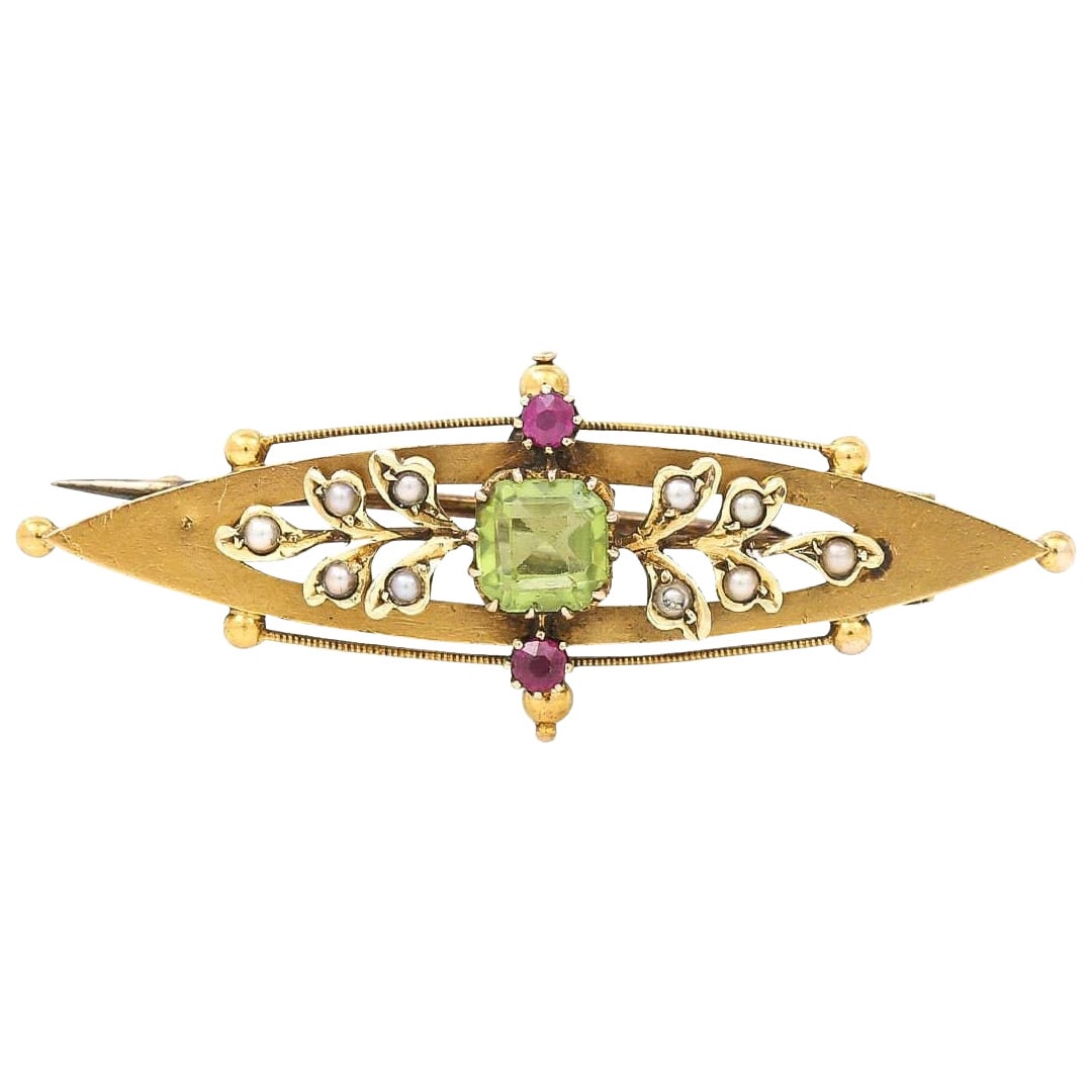 Edwardian 15ct Gold Peridot, Ruby and Pearl Suffragette Brooch, Circa 1905