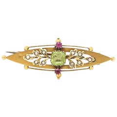 Antique Edwardian 15ct Gold Peridot, Ruby and Pearl Suffragette Brooch, Circa 1905