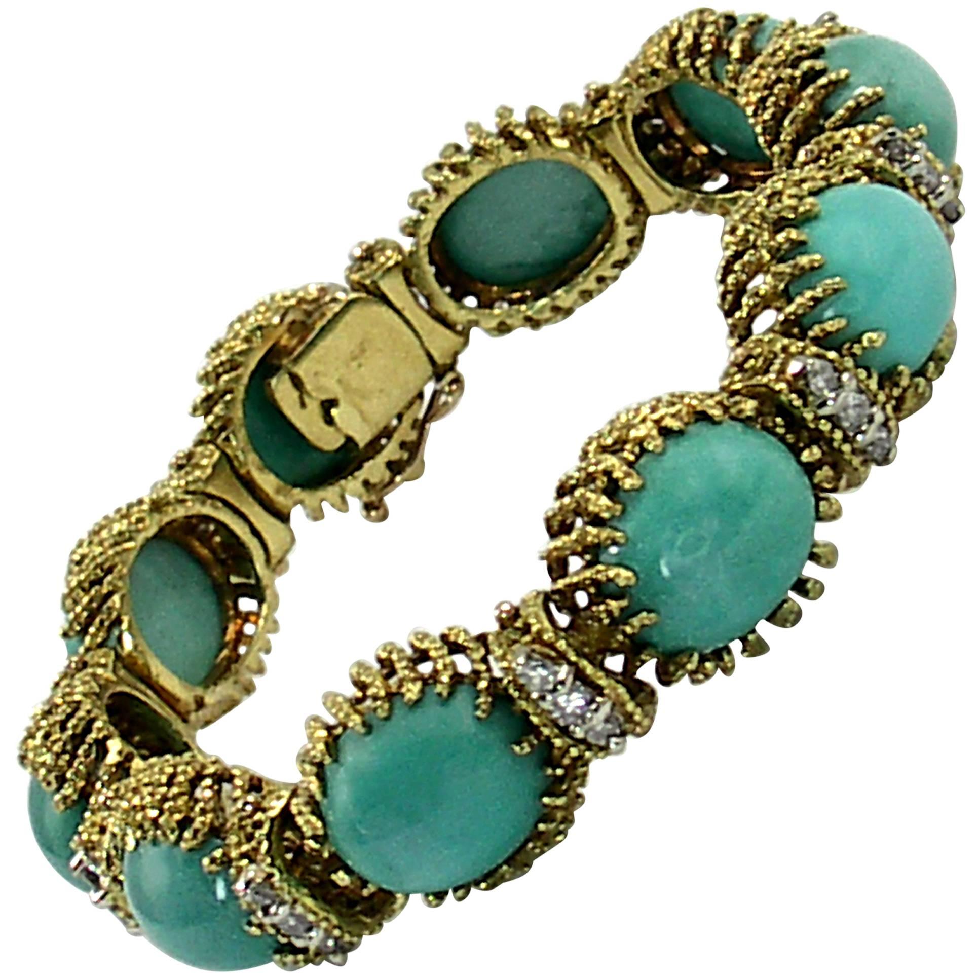 La Triomphe Organic Design Turquoise Diamond Twisted Gold Bracelet