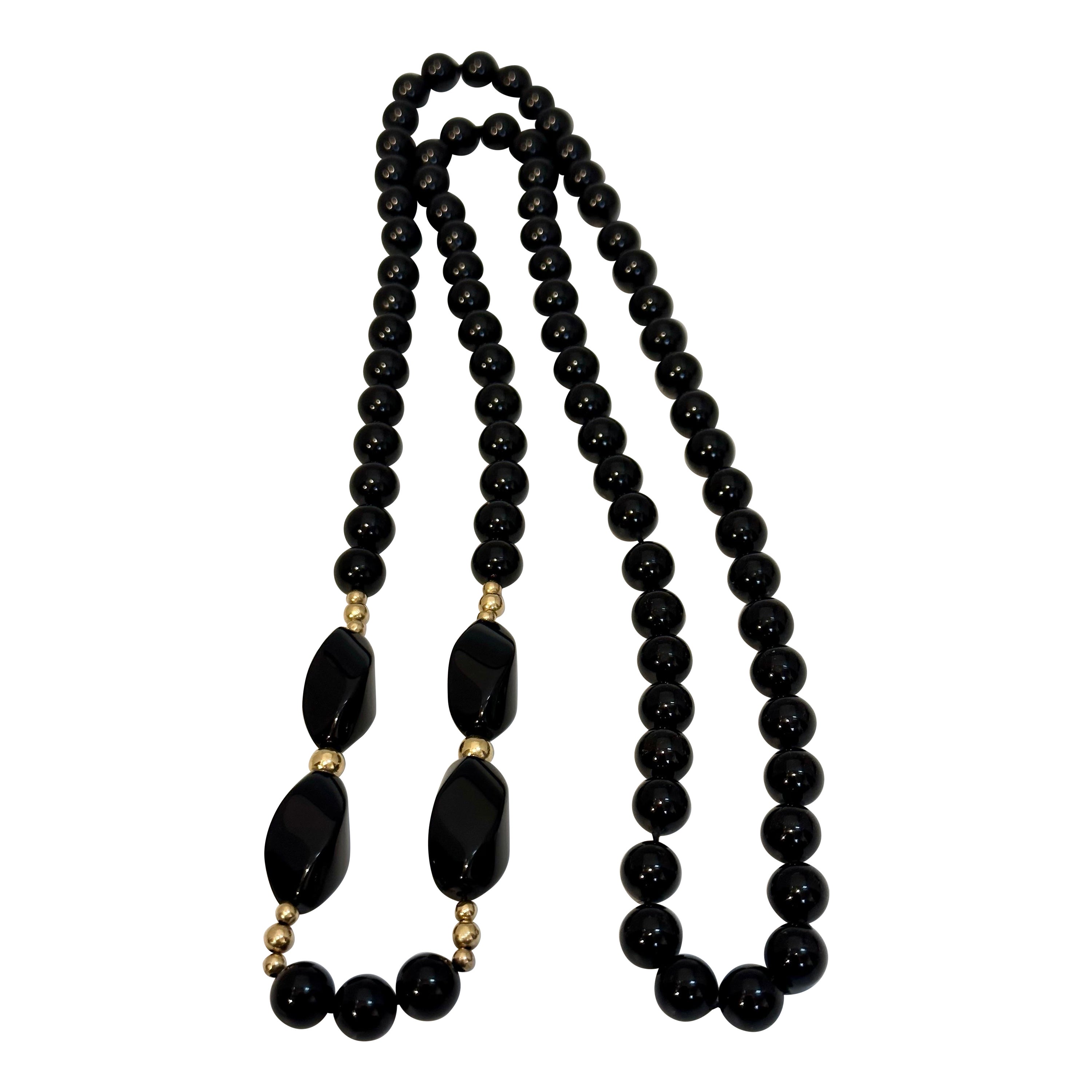 Round 8 MM Bead Black Onyx & 14 Karat Gold Bead Necklace 32 Inch Long For Sale