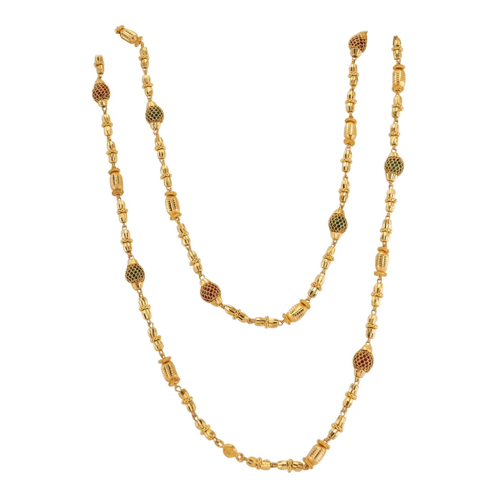 Collier de perles en émail d'or 22K perles rouges et vertes 25" de long en vente