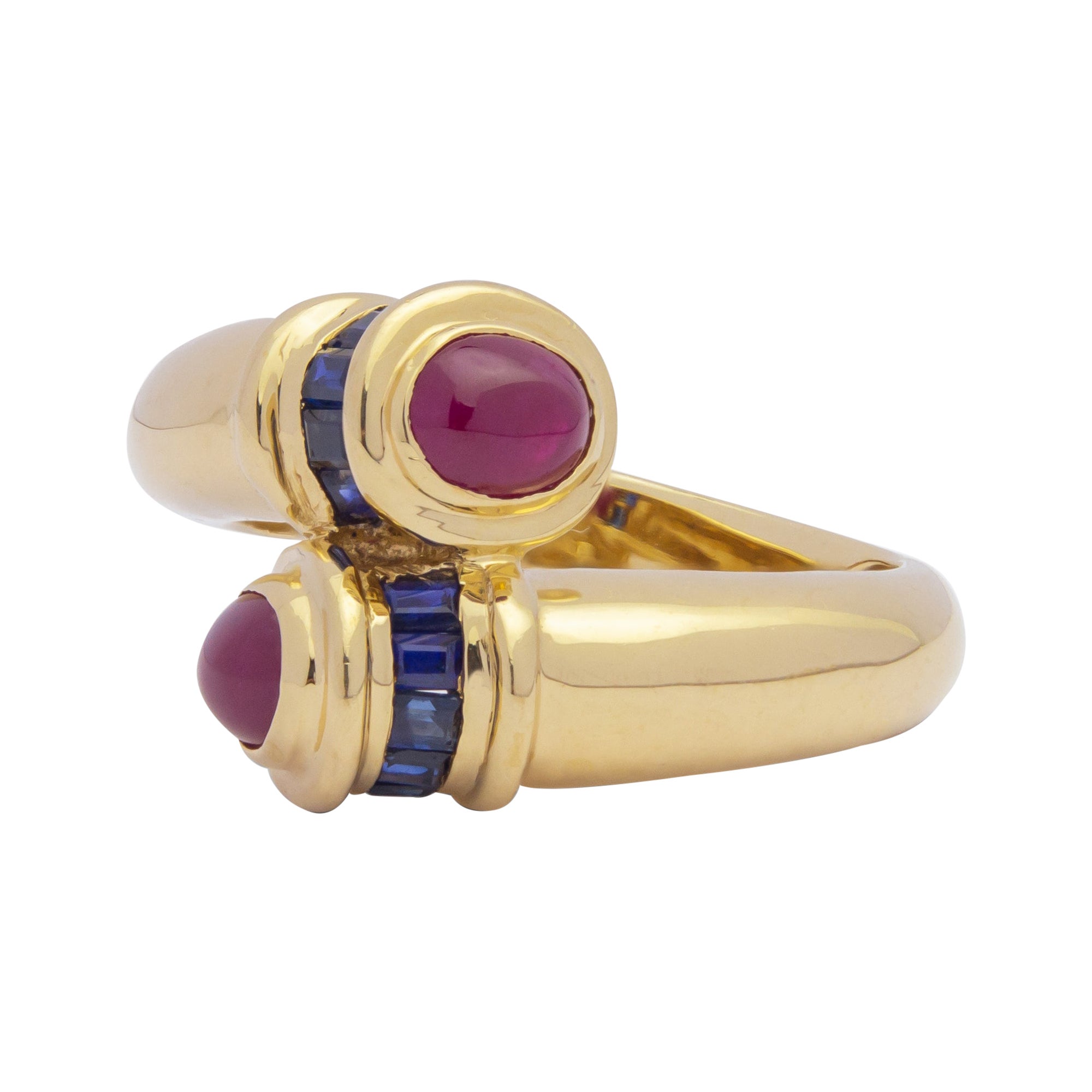 14 Karat Yellow Gold, Ruby, and Sapphire 'Bypass' Ring For Sale