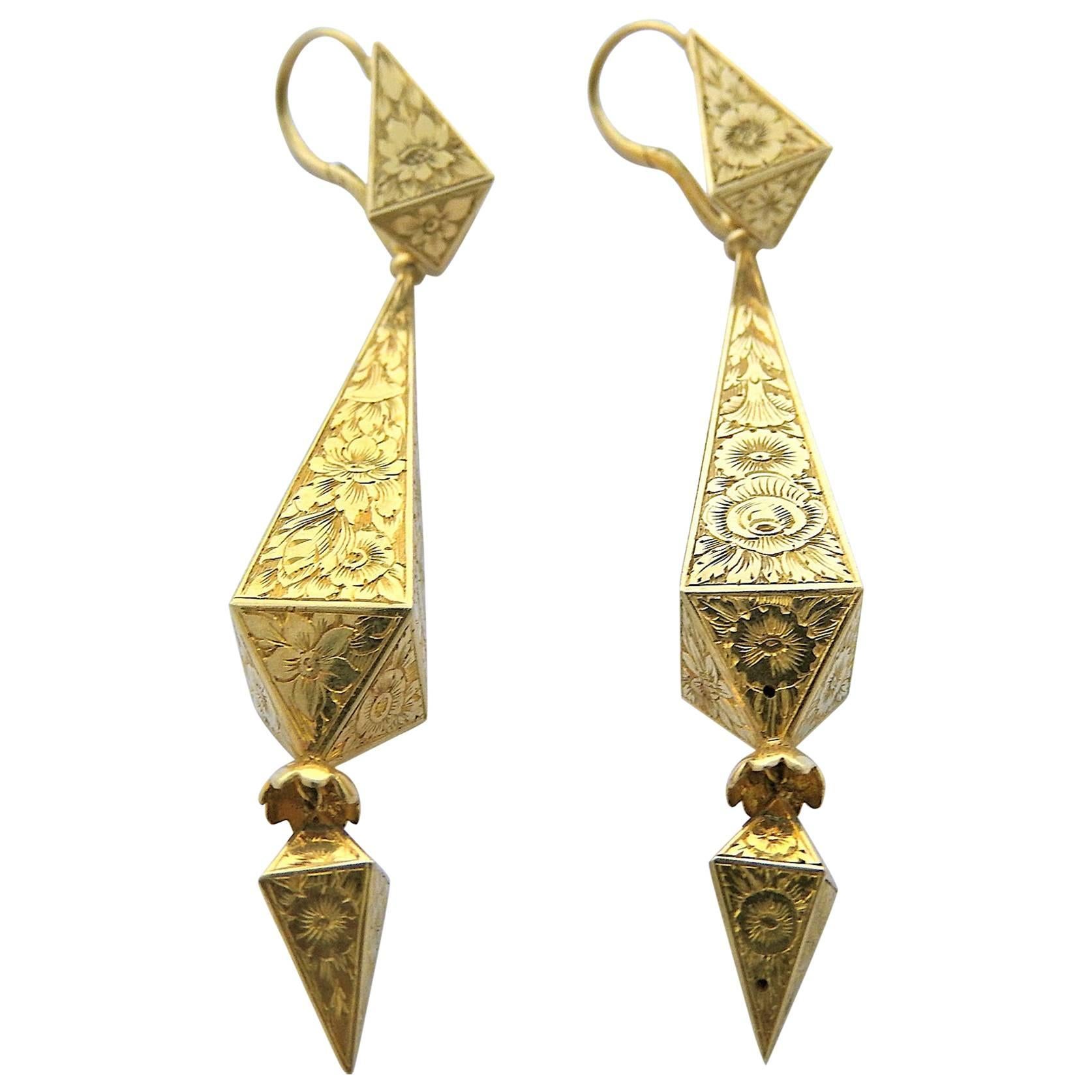 Antique Engraved Gold Drop Earrings