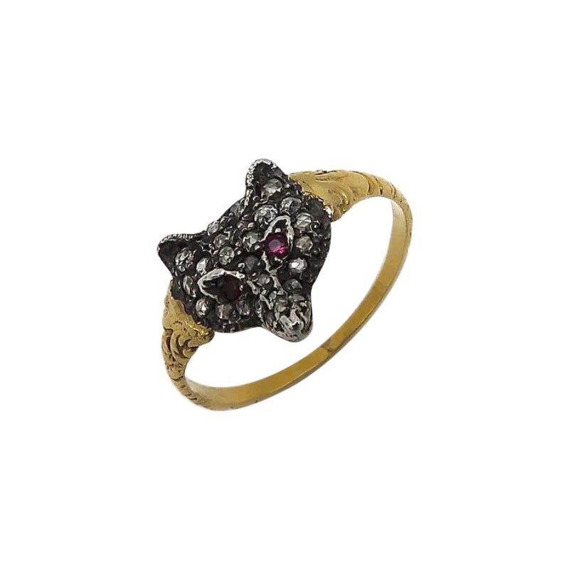 14k Gold Vintage Pave Diamond and Ruby Fox Head Ring
