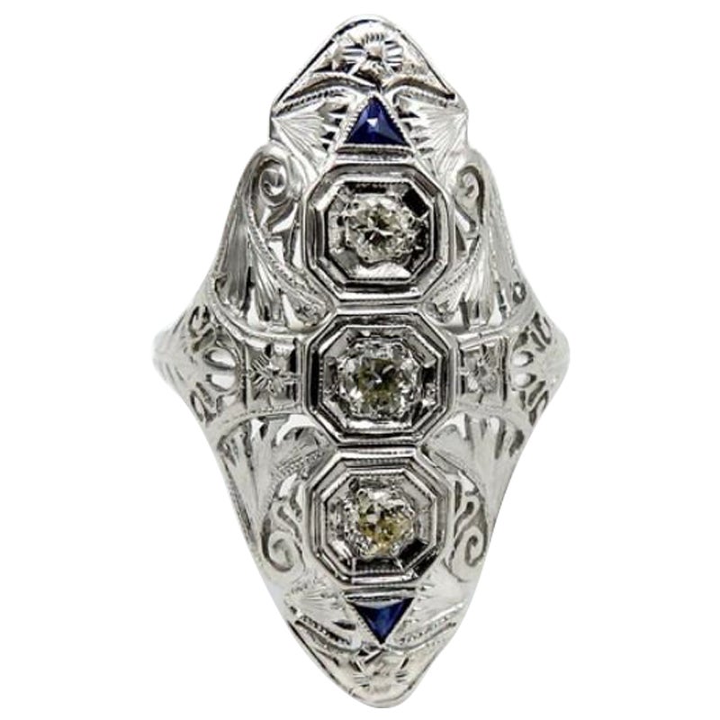 Art Deco 18K White Gold Diamond and Sapphire Ring For Sale