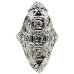Antique Art Deco 18K White Gold Diamond and Sapphire Ring