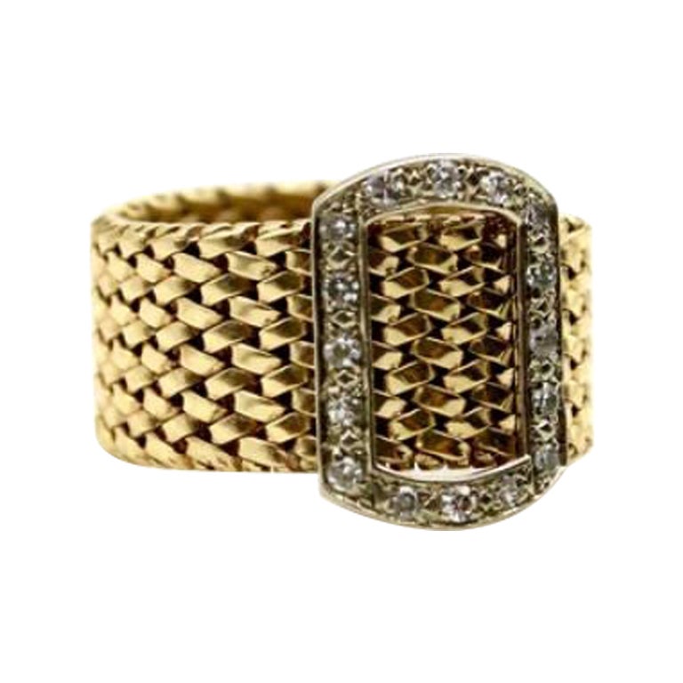 14K Gold Vintage Mesh Diamond Buckle Ring For Sale