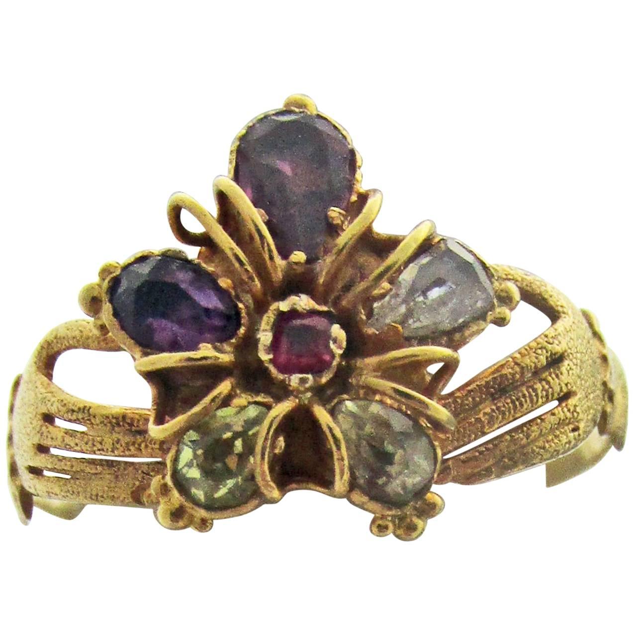 Antique Multi-Stone Gold Hands Holding Pansy Ring