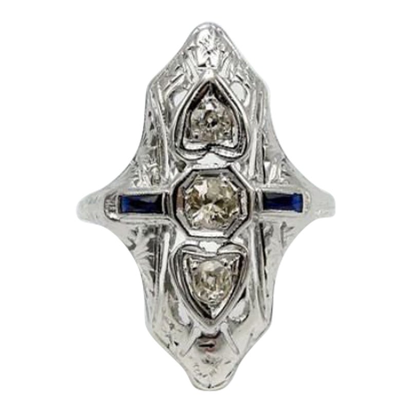 18K Gold Art Deco Diamond and Sapphire Heart Ring