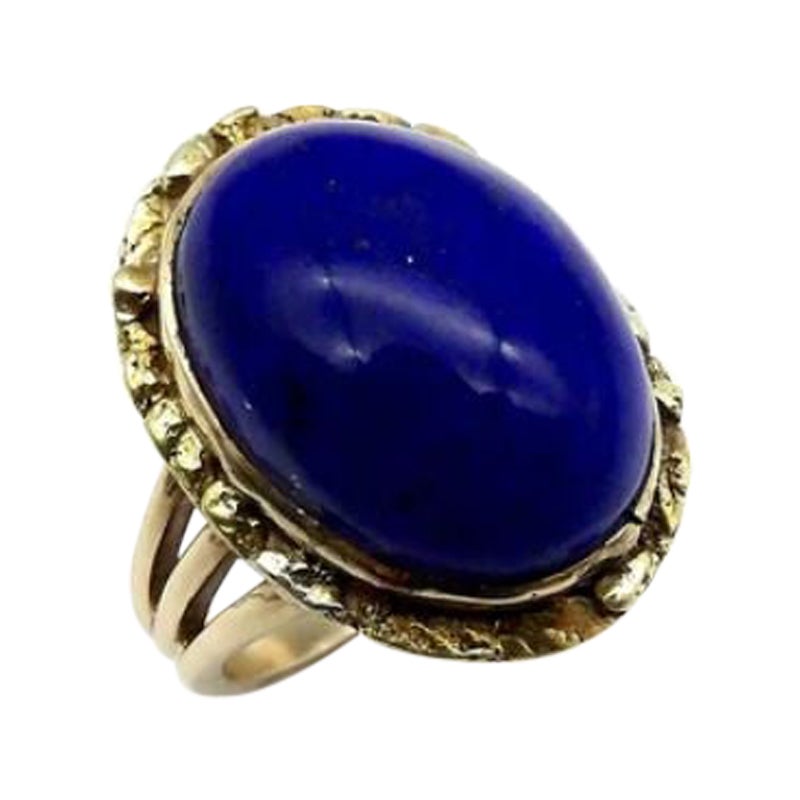 14K Gold Lapis Cabochon Gold 22K Nugget Ring, circa Mid-Century For Sale