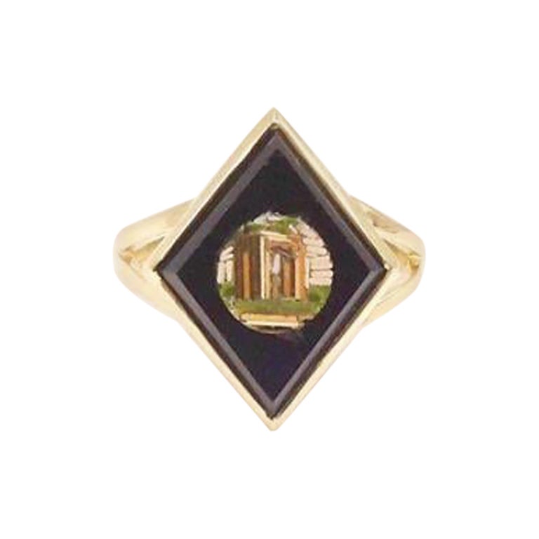 14K Gold Onyx Grand Tour Micro Mosaic Ring For Sale