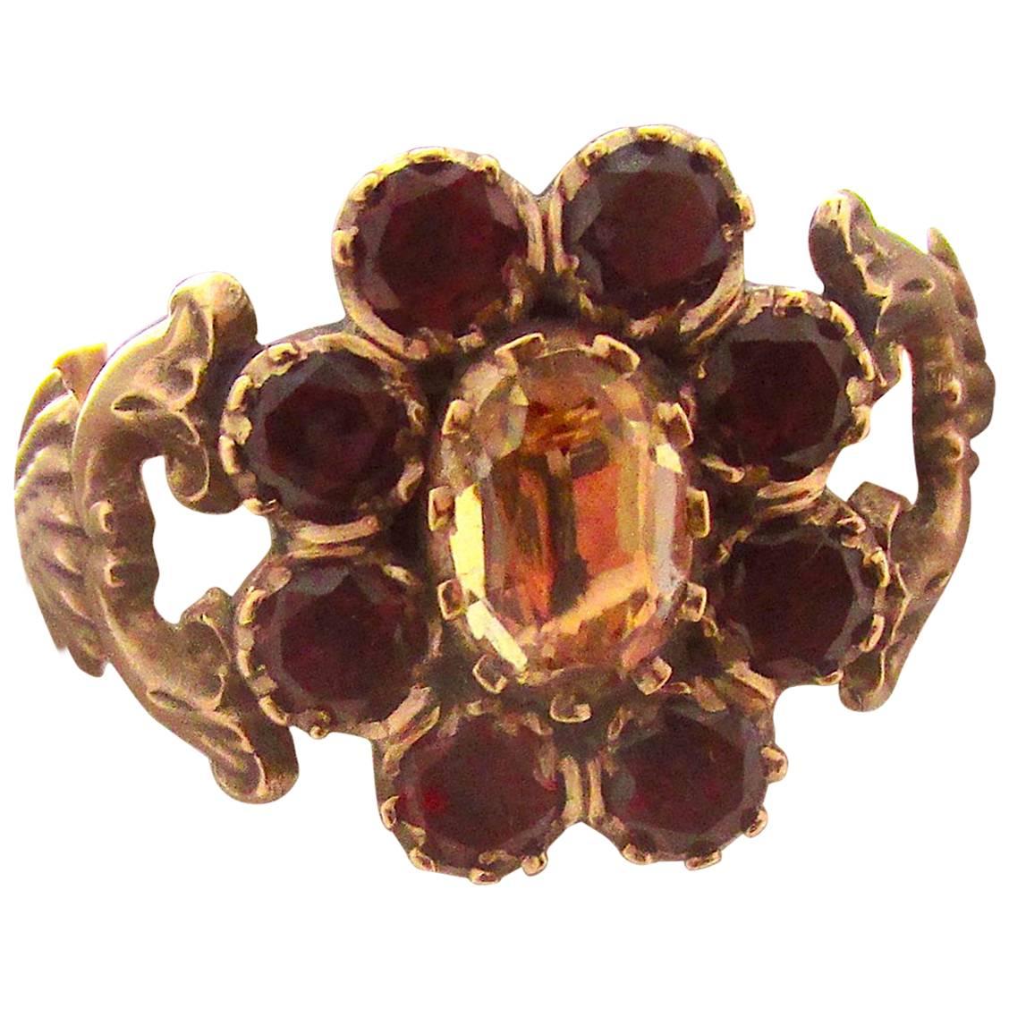 Antique Garnet Topaz Gold Cluster Ring