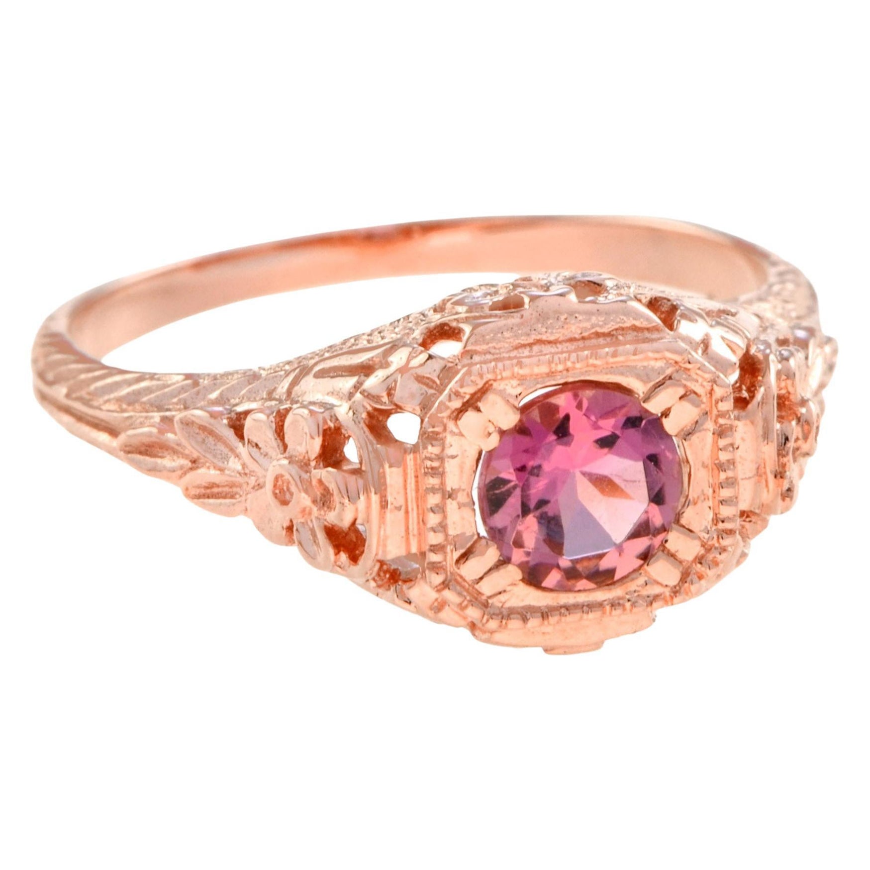 Pink Tourmaline Art Deco Style Filigree Engagement Ring in 14K Rose Gold For Sale
