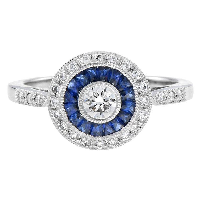 Art Deco Style Diamond with Sapphire Engagement Ring in Platinum950 For Sale