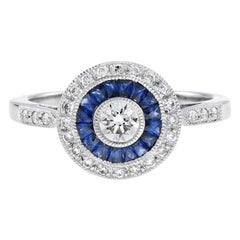 Art Deco Style Diamond with Sapphire Engagement Ring in Platinum950