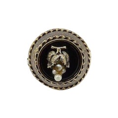 Vintage 14K Etruscan Revival Mourning Ring W/ Onyx Disc & Pearl Grape Cluster