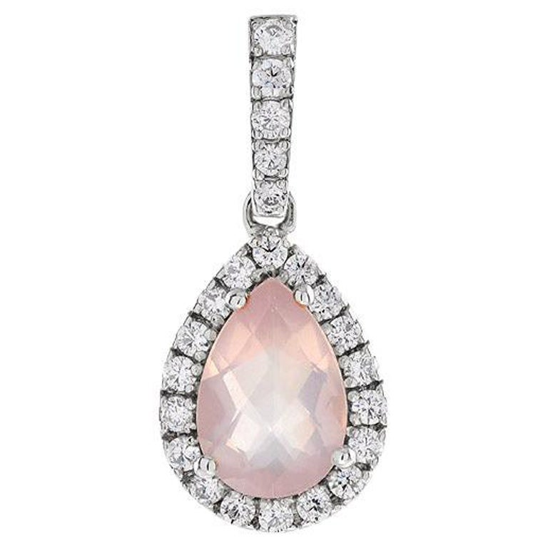 Pendentif en or blanc 18 carats avec quartz rose en forme de poire et halo de diamants