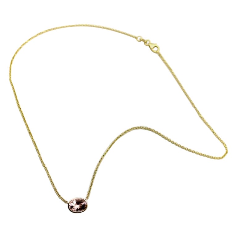 14k Gold Signature Bezel Set Pale Pink Tourmaline Necklace For Sale