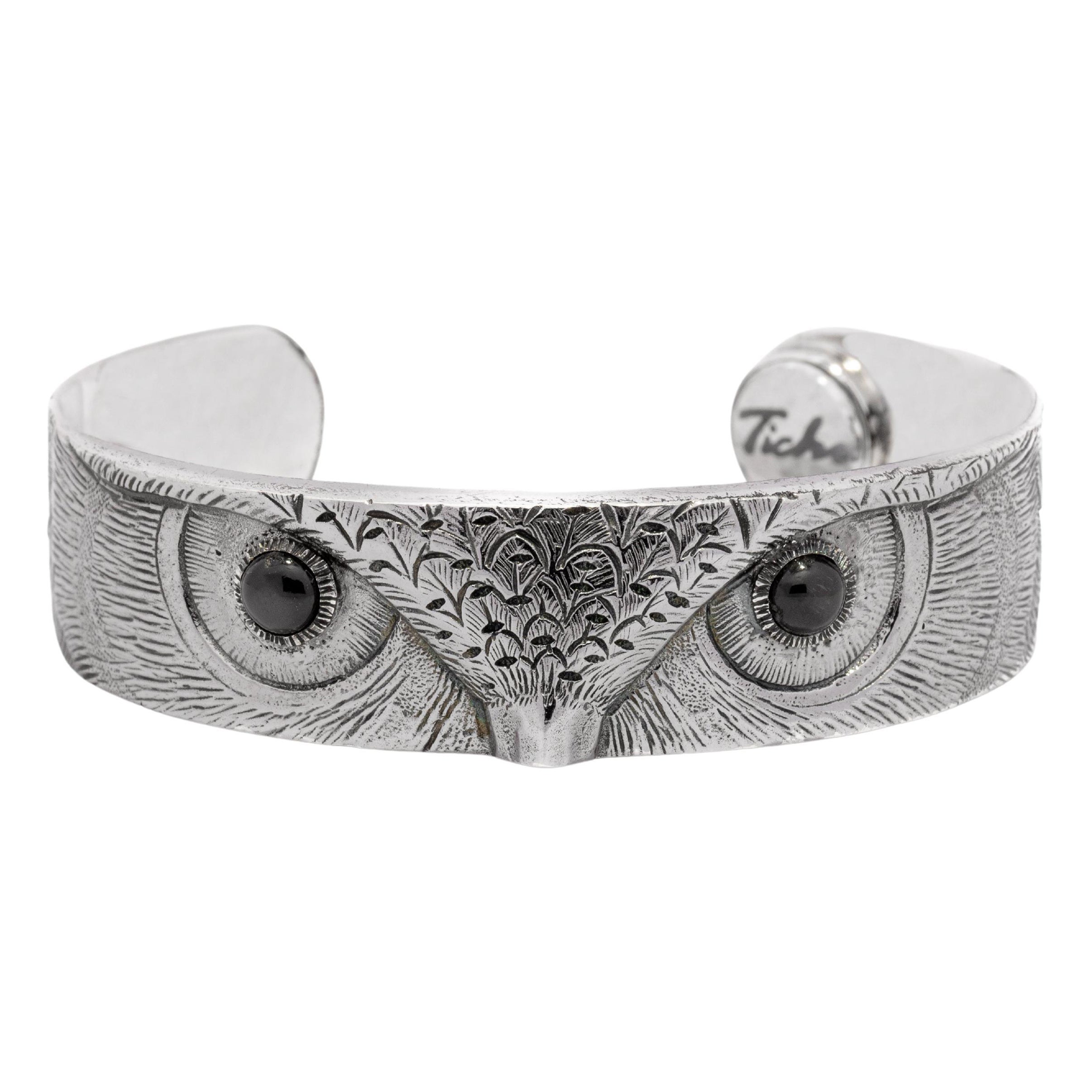 Tichu Black Star Owl Eye Cuff in Sterling Silver and Crystal Quartz 'Size S' For Sale