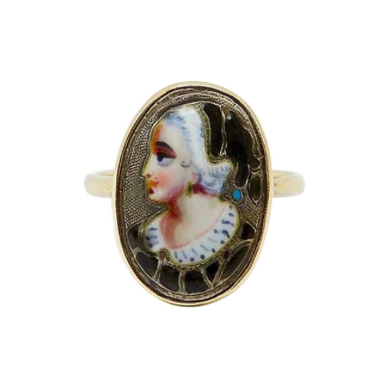 9K Gold Early Victorian English Enamel Portrait Ring, circa 1850's