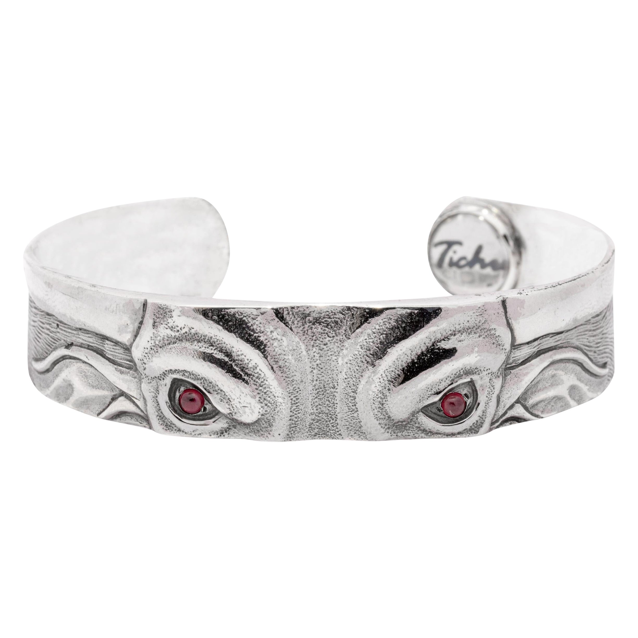 Tichu Ruby Bull & Bear Eyes Cuff in Sterling Silver and Crystal Quartz 'Size S' For Sale