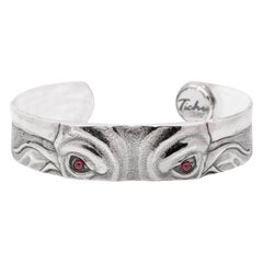 Tichu Ruby Bull & Bear Eyes Cuff in Sterling Silver and Crystal Quartz 'Size S'