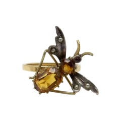 Art Nouveau 14K Gold and Silver Insect Ring with Topaz