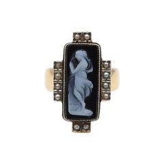Antique Victorian 18K Gold, Seed Pearl, Carved Banded Agate Cameo Ring, 1880 and 1890