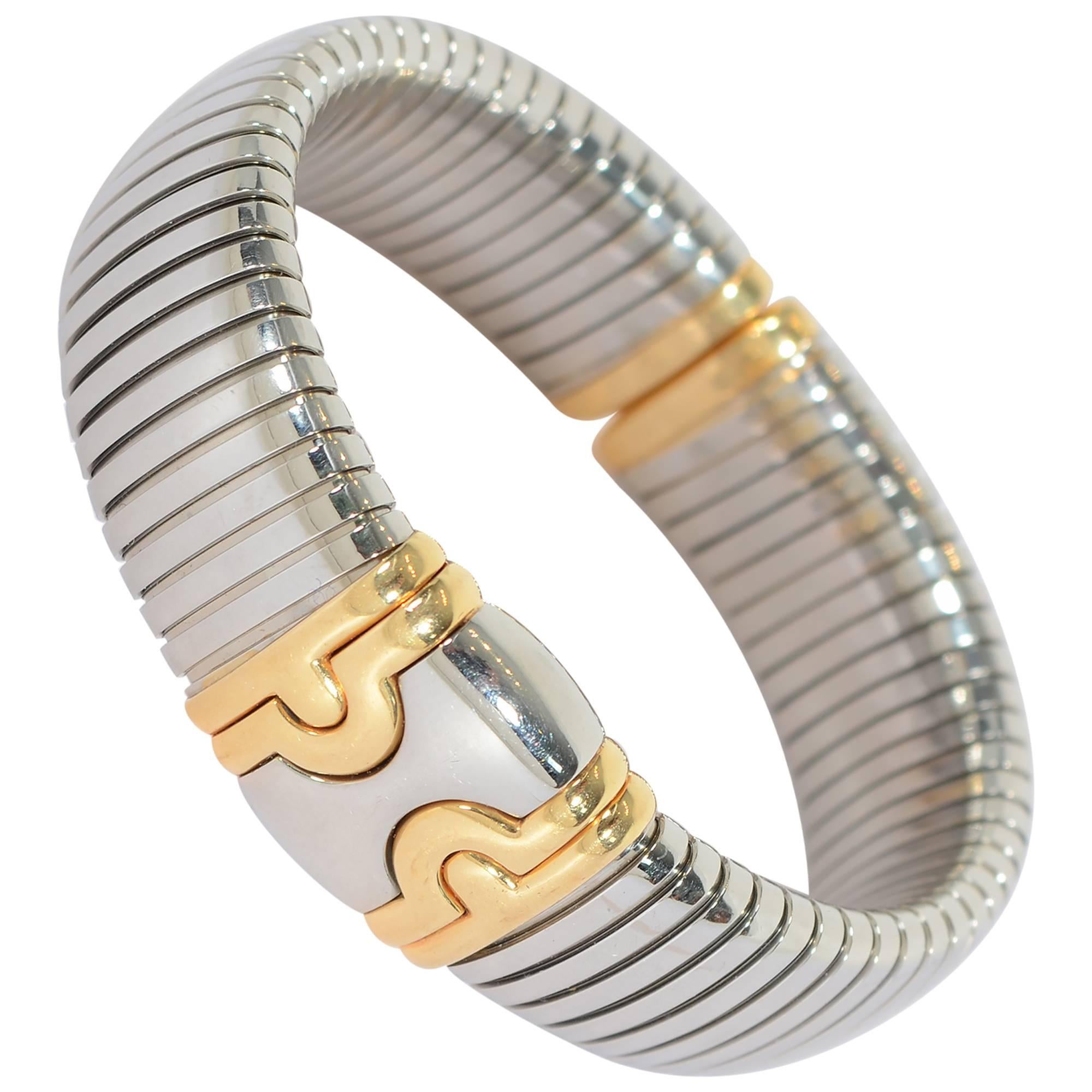 Bulgari Stainless Steel Gold Parentesi Tubogas Cuff Bracelet