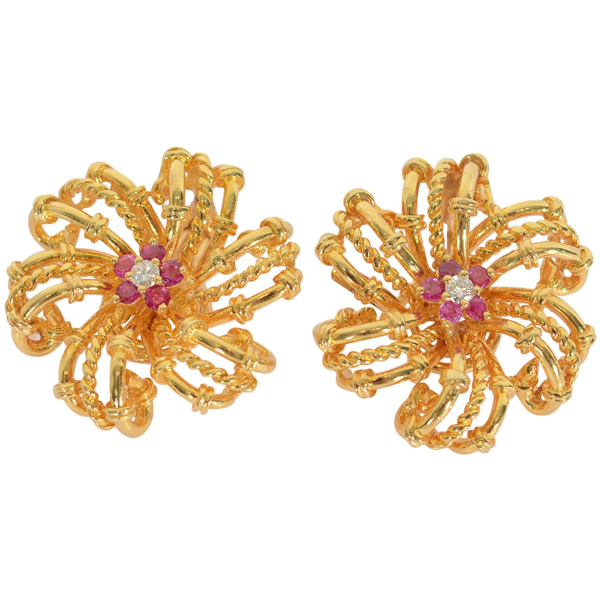 Tiffany & Co. Ruby Diamond Gold Swirling Star Earrings 