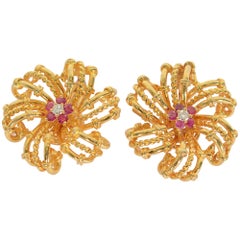 Tiffany & Co. Ruby Diamond Gold Swirling Star Earrings