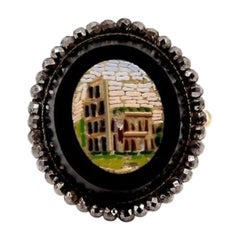Antique 14K Gold Micro Mosaic Ring of Coliseum with Halo