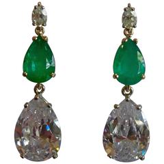 Pear Shaped Emerald Topaz Diamond Platinum Drop Earrings