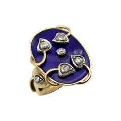 Vintage 18K Gold, Silver, Blue Enamel, and Diamond Ring, 1940 - 1950