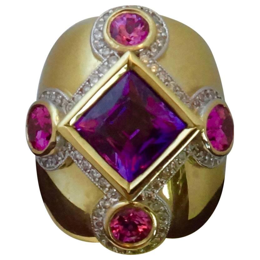 Michael Kneebone Purple and Pink Spinel Pave Diamond Gold Dome Ring