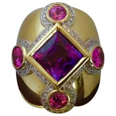 Purple and Pink Spinel Pave Diamond Gold Dome Ring 4