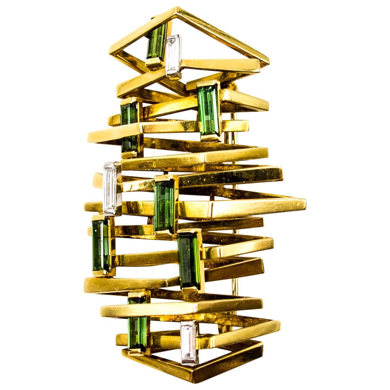 Andrew Grima Baguette Tourmaline Diamond Gold Pin