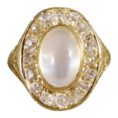 Antique Victorian Locket Backed Moonstone and Old Cushion Diamond Cluster Ring in Gold