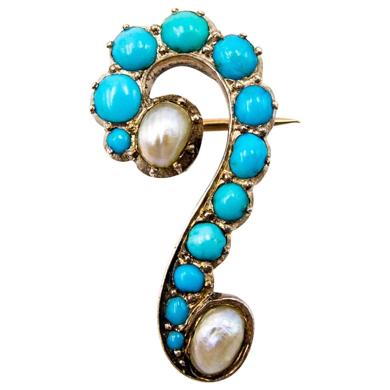 Charming Turquoise Pearl Gold Question Mark Pin