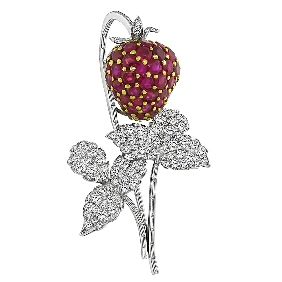 Vintage 13.00ct Ruby 1.50ct Diamond Strawberry Pin For Sale