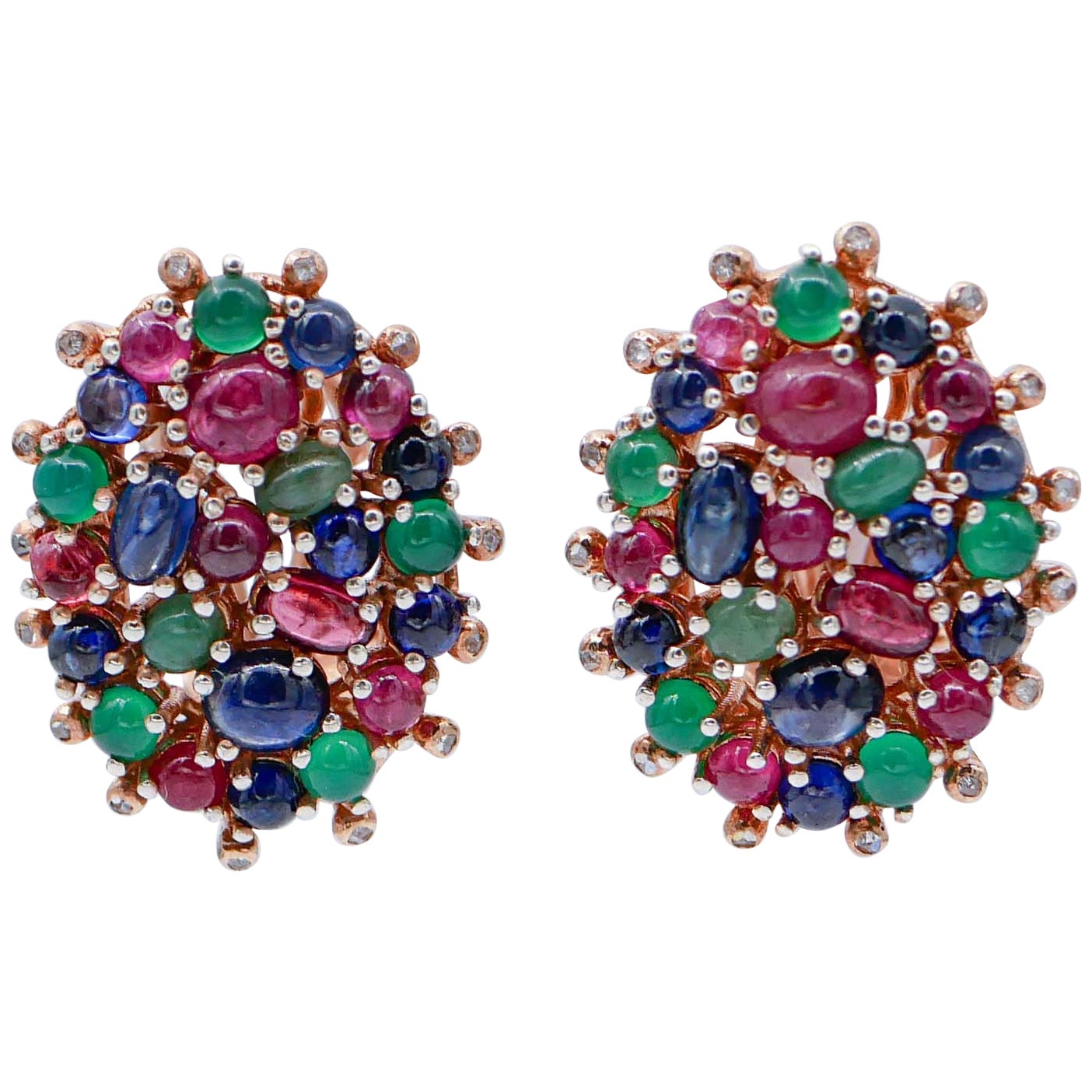 Rubies, Emeralds, Sapphires,  Agate, Diamonds, Rose Gold and Silver Earrings For Sale